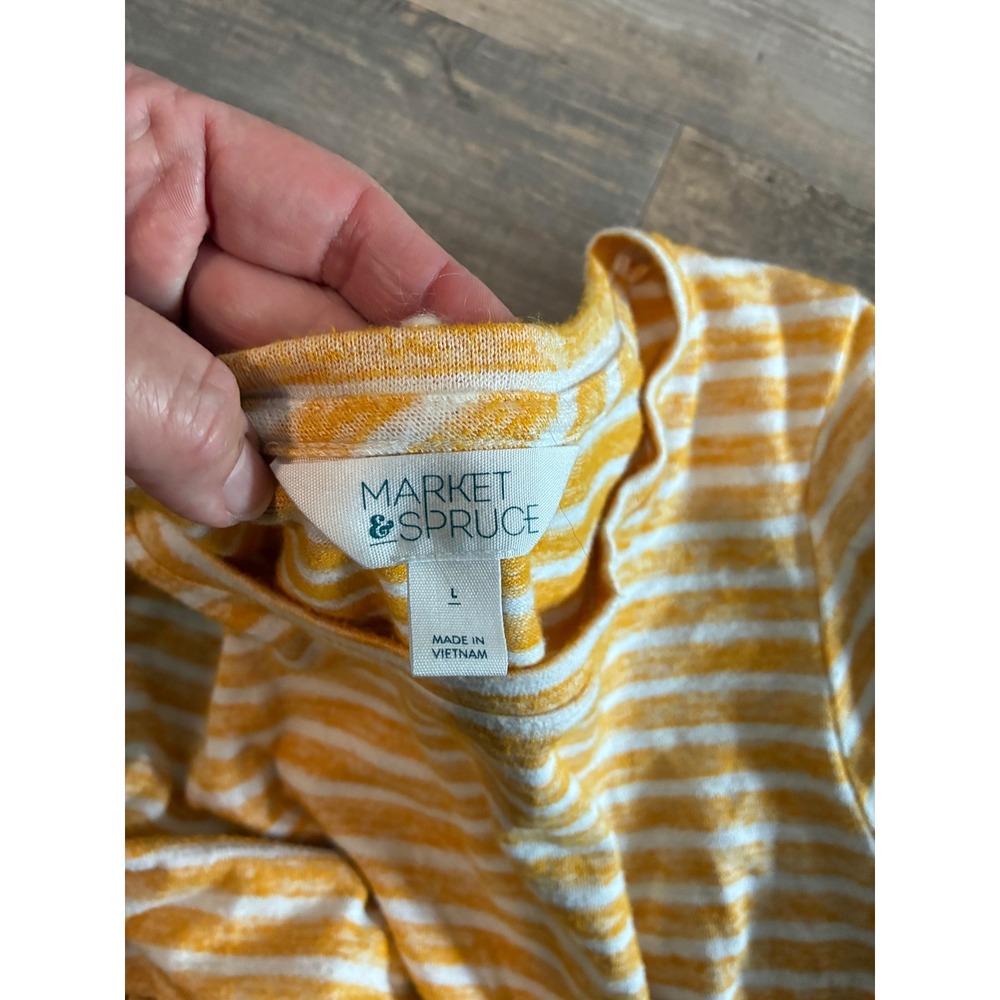 Market & Spruce Womens Yellow White Striped High-Low Short Sleeve Tee Shirt L - Picture 3 of 4